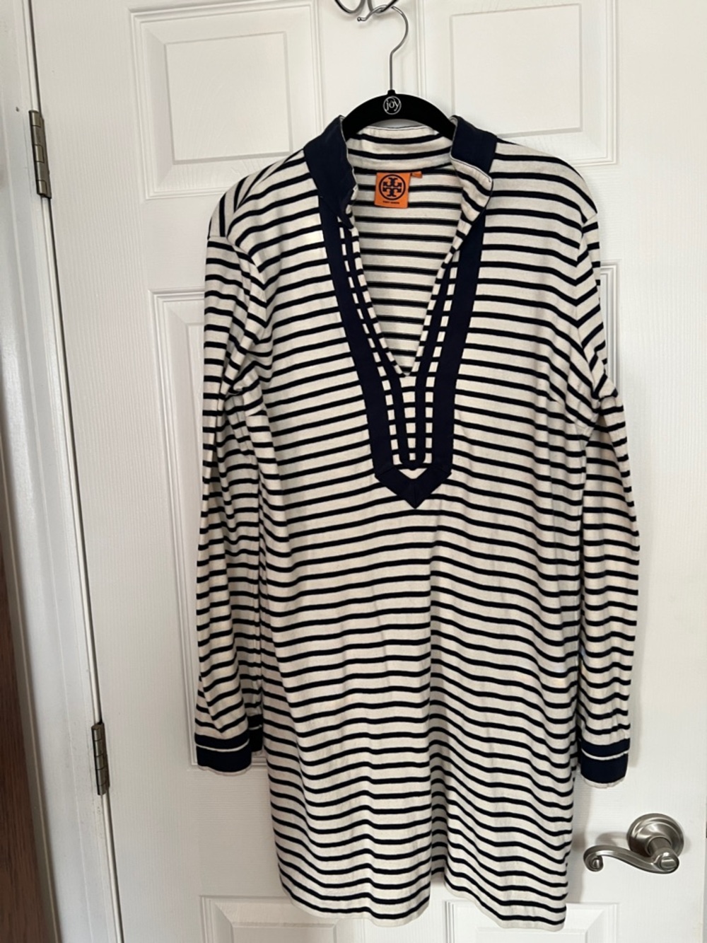Tory Burch Navy and Ivory Striped V-Neck Tunic